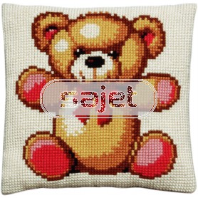 kreuzstichkissen teddybeer met rode strik