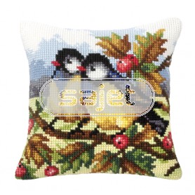 kreuzstichkissen koolmeesjes tussen rode besjes