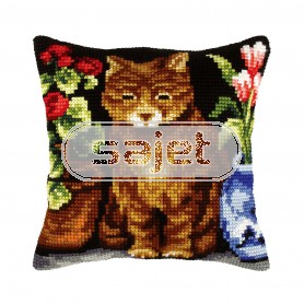 kreuzstichkissen bruine poes tussen bloempotten