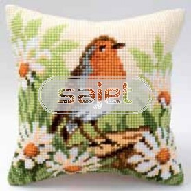 kreuzstichkissen roodborstje op boomstronk