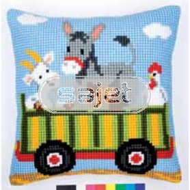 kreuzstichkissen bauernhof, tractor-kar met dieren-2