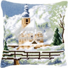 kreuzstichkissen kerk in wintersfeer