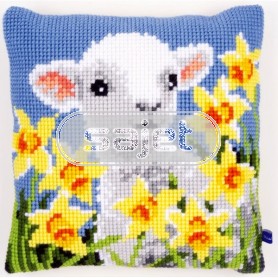 kreuzstichkissen lammetje met narcissen