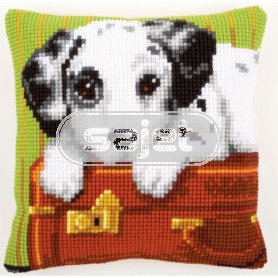 kreuzstichkissen dalmatiërpup op koffer