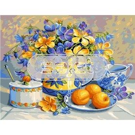 stramin stilleben, blauw/gele bloemen met abrikozen