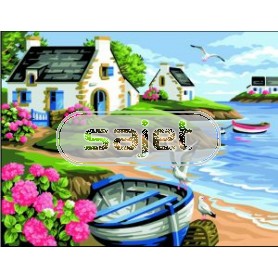 stramin + garnpaket, landschap met roeiboot