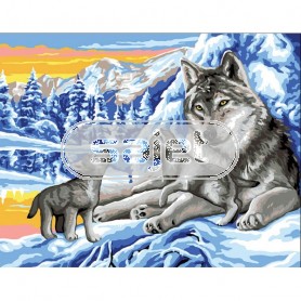 stramin + garnpaket, wolf met jongen in wintersfeer