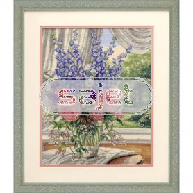 stickpackung stilleben, pioenrozen/riddersporen