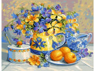 stramin + garnpaket, stilleben, blauw/gele bloemen met abrikozen